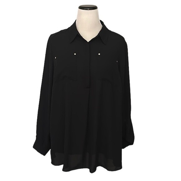 Lane Bryant Women’s Button Up Long Roll Tab Sleeve Black Shirt Size 14/16 - Picture 1 of 11